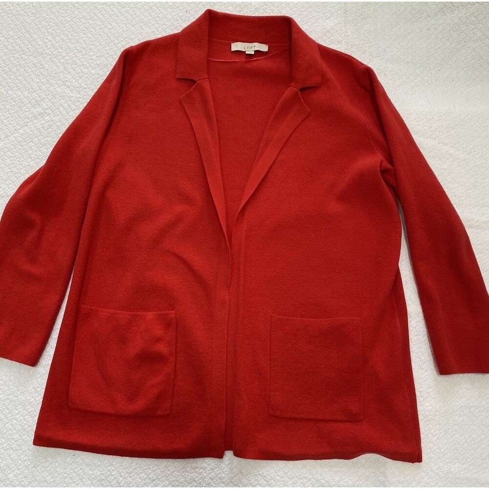 LOFT Red Sweater Blazer Cardigan Jacket Womens Large Open Front Pockets Soft